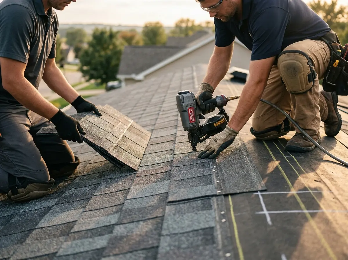 Professional roofer working on a residential roof in North Druid Hills